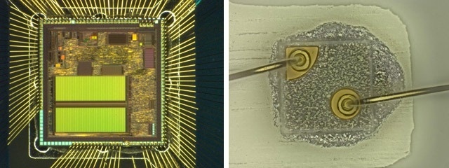 COB wire bonding example of integrated circuit IC (left) and wire bonding example of LED chip (right)